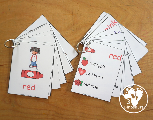 Color Word Wall Cards - Two Types of Wall Cards for displaying colors for kids. You have two types with crayon and kid for color and crayon with pictures of items that have that color. You have 2 wall cards per page or a small version to use with kids on rings. Great for preschool, prek and kindergarten. 3Dinosaurs.com