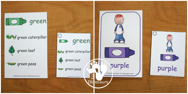 Color Word Wall Cards - Two Types of Wall Cards for displaying colors for kids. You have two types with crayon and kid for color and crayon with pictures of items that have that color. You have 2 wall cards per page or a small version to use with kids on rings. Great for preschool, prek and kindergarten. 3Dinosaurs.com