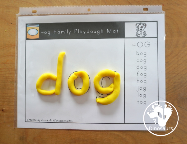 CVC Playdough Mats with Word List - has several CVC ending for the playdough mat with word list to make different CVC words with the same ending. A great CVC hand-on printable for kids in kindergarten and first grade. - 3Dinosaurs.com