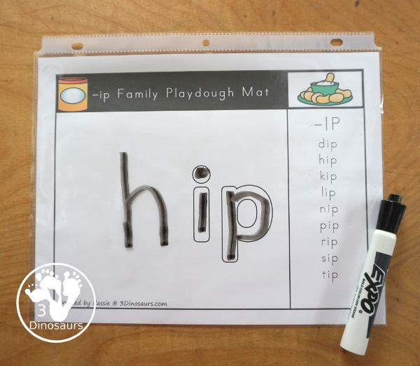 CVC Playdough Mats with Word List - has several CVC ending for the playdough mat with word list to make different CVC words with the same ending. A great CVC hand-on printable for kids in kindergarten and first grade. - 3Dinosaurs.com
