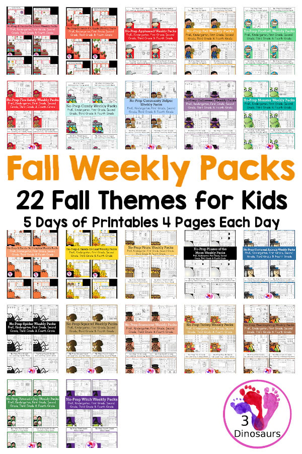 No-Prep Weekly Packs for the Fall for Prek to 4th Grade - 5 days of printables with 4 pages for each day. You have the following themes: School, Football, Apple, Johnny Appleseed, Fall, Pirate, Leaf, Pumpkin, Monster, Candy, Halloween, witch, Scarecrow, Community Helpers, Veteran's Day, Turkey, Thanksgiving, and Veteran's Day - 3Dinosaurs.com