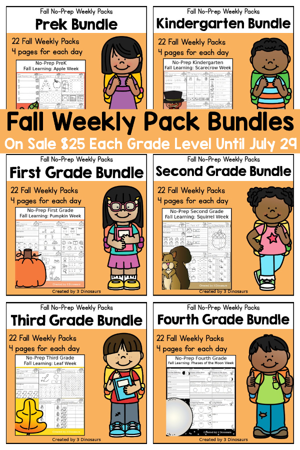 No-Prep Weekly Packs for the Fall for Prek to 4th Grade - 5 days of printables with 4 pages for each day. You have the following themes: School, Football, Apple, Johnny Appleseed, Fall, Pirate, Leaf, Pumpkin, Monster, Candy, Halloween, witch, Scarecrow, Community Helpers, Veteran's Day, Turkey, Thanksgiving, and Veteran's Day - 3Dinosaurs.com