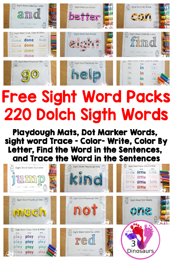 Free Sight Word Packs For Dolch Sight Words - six pages of printables for each sight word and easy to use printables to work on learning sight words.- 3Dinosaurs.com