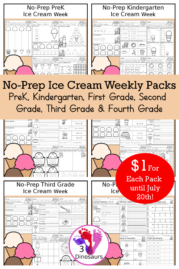 No-Prep Ice Cream Weekly Packs PreK, Kindergarten, First Grade, Second Grade, Third Grade & Fourth Grade with 5 days of activities to do for each grade level with ice cream treat words - You will find a mix of math, language, and more - These are easy to use packs for homework and morning work. Easy no-prep printables for kids with four pages for each day. - 3Dinosaurs.com