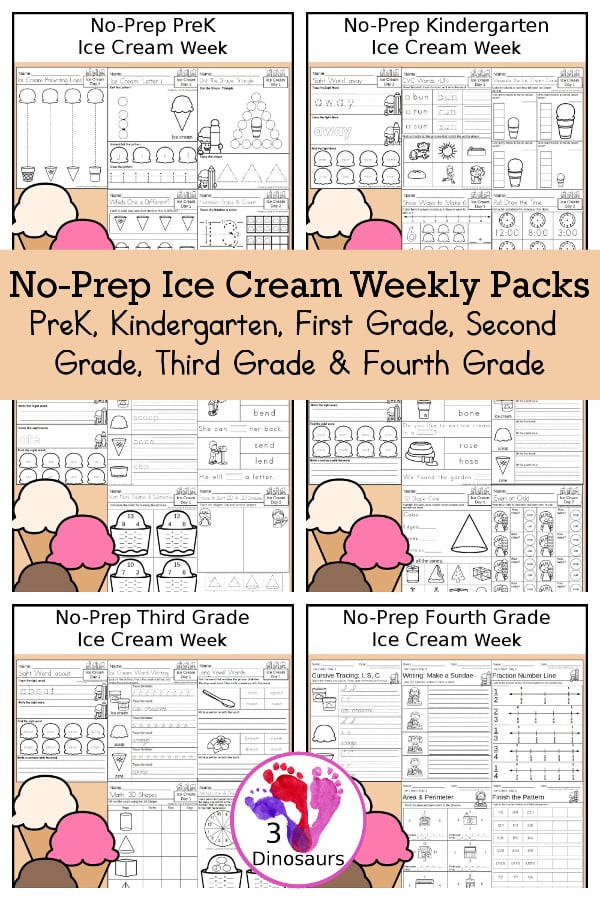 No-Prep Ice Cream Weekly Packs PreK, Kindergarten, First Grade, Second Grade, Third Grade & Fourth Grade with 5 days of activities to do for each grade level with ice cream treat words - You will find a mix of math, language, and more - These are easy to use packs for homework and morning work. Easy no-prep printables for kids with four pages for each day. - 3Dinosaurs.com