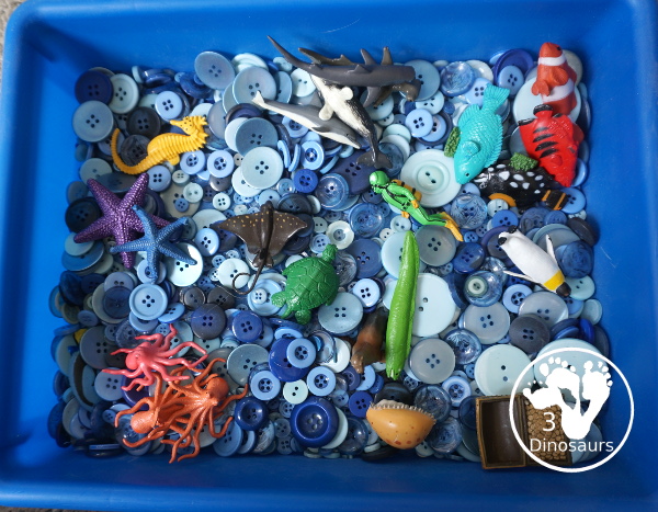 Ocean Button Sensory Bin - a simple and fun sensory bin with buttons for the filler and ocean animals, A great summer sensory bin that is easy to set up. - 3Dinosaurs.com