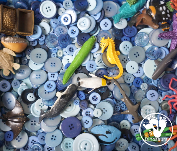 Ocean Button Sensory Bin - a simple and fun sensory bin with buttons for the filler and ocean animals, A great summer sensory bin that is easy to set up. - 3Dinosaurs.com