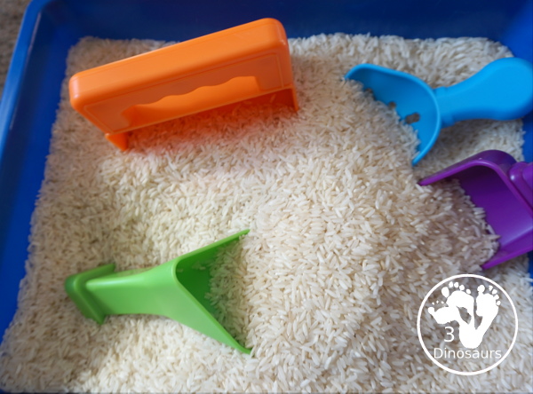 Simple Rice Sensory Bin - a sensory bin that just has rice that you can add other items of not. A simple sensory bin to set up for any time of year. 3Dinosaurs.com