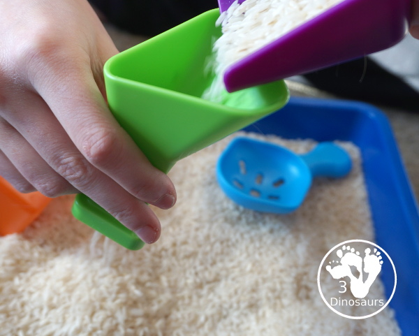 Simple Rice Sensory Bin - a sensory bin that just has rice that you can add other items of not. A simple sensory bin to set up for any time of year. 3Dinosaurs.com