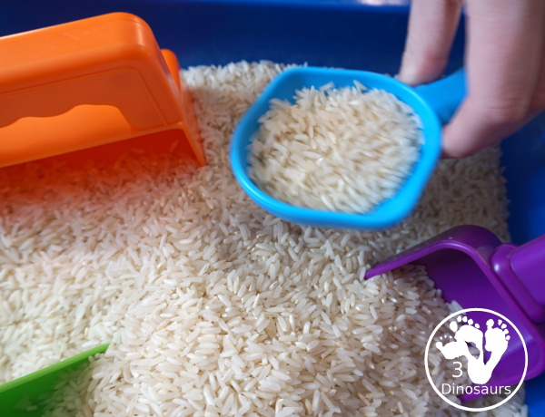 Simple Rice Sensory Bin - a sensory bin that just has rice that you can add other items of not. A simple sensory bin to set up for any time of year. 3Dinosaurs.com
