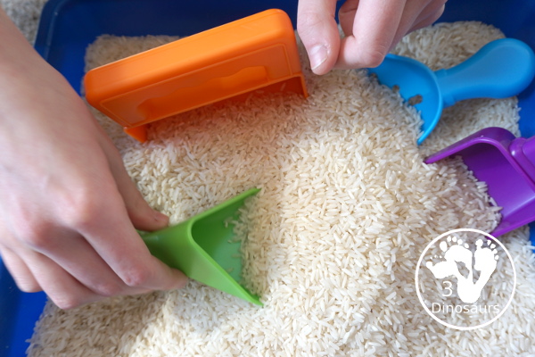 Simple Rice Sensory Bin - a sensory bin that just has rice that you can add other items of not. A simple sensory bin to set up for any time of year. 3Dinosaurs.com