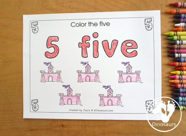 Romping & Roaring Number 5 Princess Theme Pack - with number 5 worksheets, number 5 puzzles, number 5 handwriting, number 5 dot marker worksheets and more for PreK and kindergarten age kids with a castle and princess theme. - 3Dinosaurs.com
