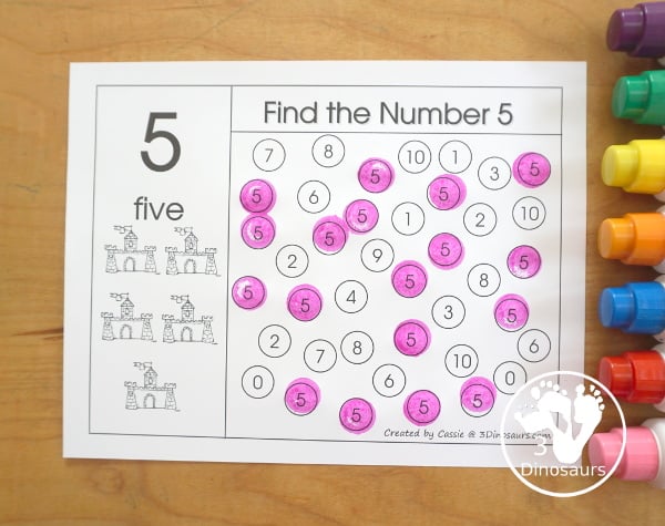 Romping & Roaring Number 5 Princess Theme Pack - with number 5 worksheets, number 5 puzzles, number 5 handwriting, number 5 dot marker worksheets and more for PreK and kindergarten age kids with a castle and princess theme. - 3Dinosaurs.com