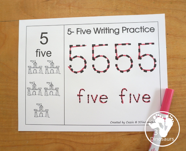 Romping & Roaring Number 5 Princess Theme Pack - with number 5 worksheets, number 5 puzzles, number 5 handwriting, number 5 dot marker worksheets and more for PreK and kindergarten age kids with a castle and princess theme. - 3Dinosaurs.com
