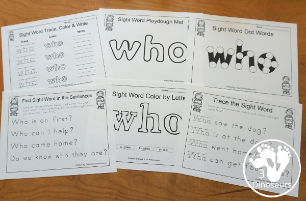 Free Romping & Roaring Primer Sight Words: Who, Will, With, Yes - you have 6 pages for each sight word that work on learning the sight word in different ways with reading, writing, and finding. 3Dinosaurs.com