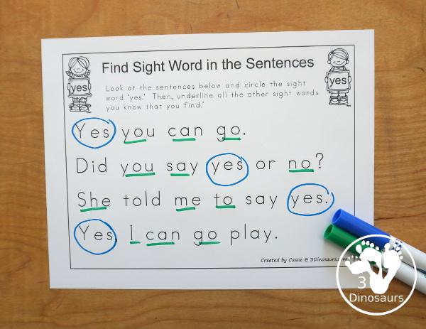 Free Romping & Roaring Primer Sight Words: Who, Will, With, Yes - you have 6 pages for each sight word that work on learning the sight word in different ways with reading, writing, and finding. 3Dinosaurs.com