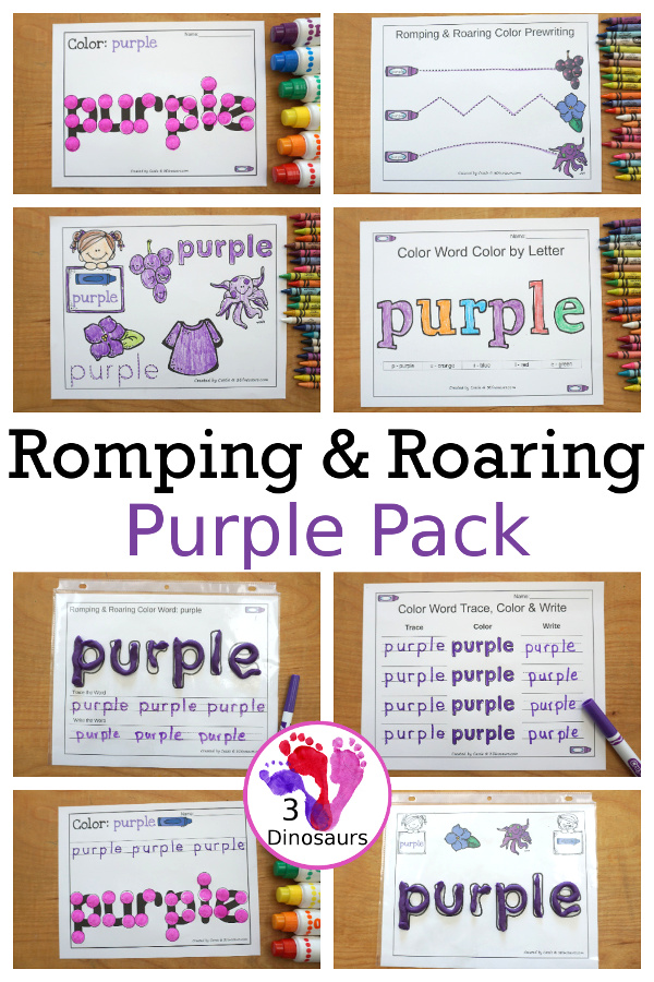 Free Romping & Roaring Color Purple Word Pack - 8 pages of activities for kindergarten and first grade and some prek - You have a mix of purple worksheets and hands-on purple word activities. - 3Dinosaurs.com
