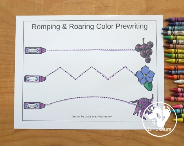 Free Romping & Roaring Color Purple Word Pack - 8 pages of activities for kindergarten and first grade and some prek - You have a mix of purple worksheets and hands-on purple word activities. - 3Dinosaurs.com