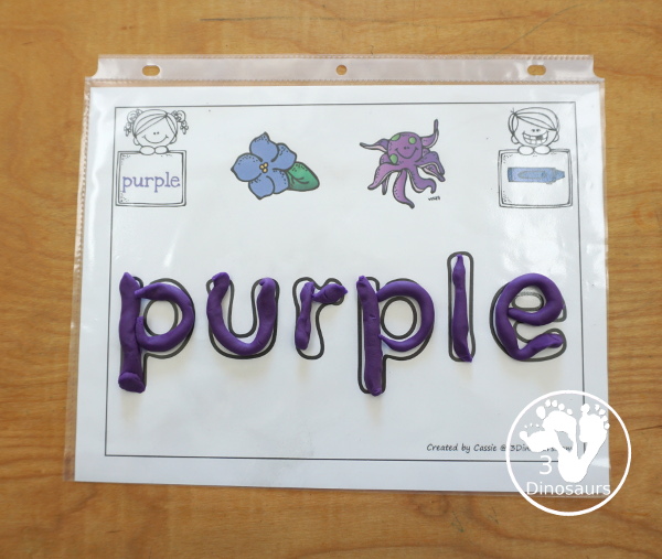 Free Romping & Roaring Color Purple Word Pack - 8 pages of activities for kindergarten and first grade and some prek - You have a mix of purple worksheets and hands-on purple word activities. - 3Dinosaurs.com