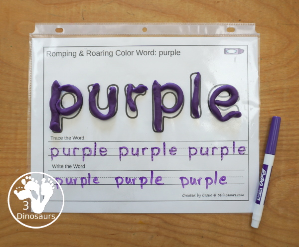 Free Romping & Roaring Color Purple Word Pack - 8 pages of activities for kindergarten and first grade and some prek - You have a mix of purple worksheets and hands-on purple word activities. - 3Dinosaurs.com