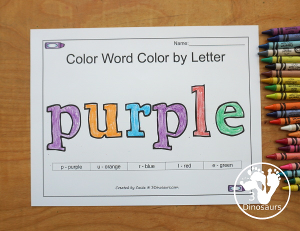 Free Romping & Roaring Color Purple Word Pack - 8 pages of activities for kindergarten and first grade and some prek - You have a mix of purple worksheets and hands-on purple word activities. - 3Dinosaurs.com
