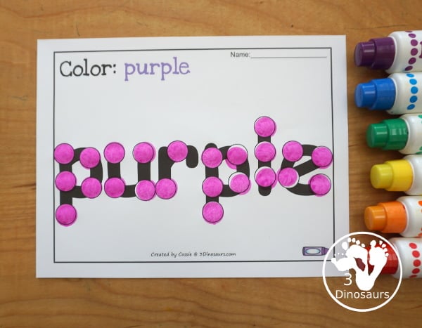 Free Romping & Roaring Color Purple Word Pack - 8 pages of activities for kindergarten and first grade and some prek - You have a mix of purple worksheets and hands-on purple word activities. - 3Dinosaurs.com