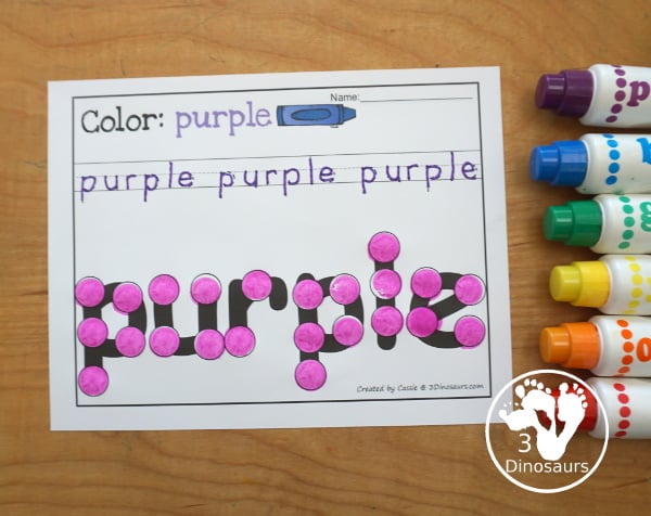 Free Romping & Roaring Color Purple Word Pack - 8 pages of activities for kindergarten and first grade and some prek - You have a mix of purple worksheets and hands-on purple word activities. - 3Dinosaurs.com