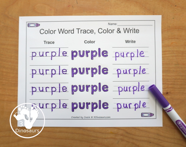 Free Romping & Roaring Color Purple Word Pack - 8 pages of activities for kindergarten and first grade and some prek - You have a mix of purple worksheets and hands-on purple word activities. - 3Dinosaurs.com