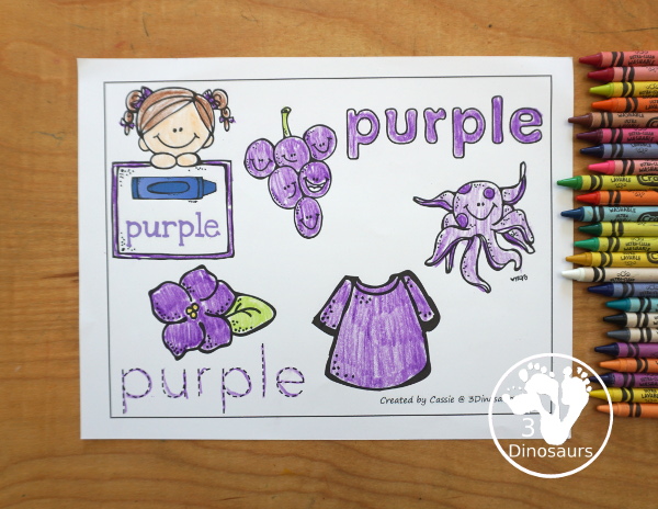 Free Romping & Roaring Color Purple Word Pack - 8 pages of activities for kindergarten and first grade and some prek - You have a mix of purple worksheets and hands-on purple word activities. - 3Dinosaurs.com