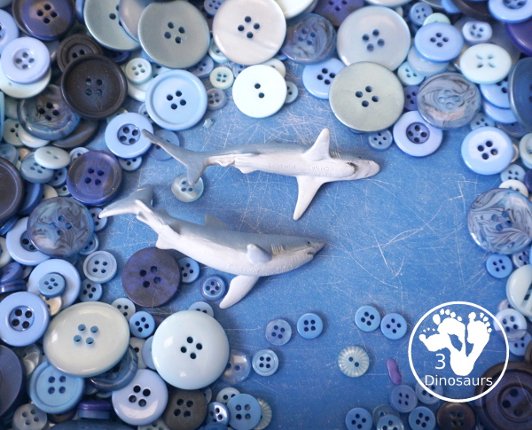 Shark Button Sensory Bin -a simple button sensory bin filler with different types of sharks in the sensory bin. A fun sensory play for shark week or any shark theme that you might be doing. - 3Dinosaurs.com