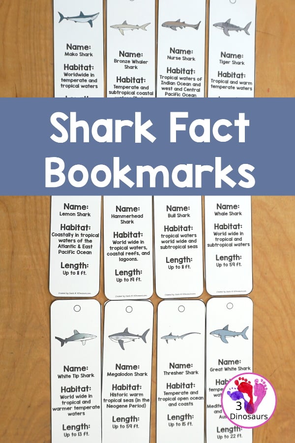 Free Shark Information Bookmark Printables - are fun shark bookmarks you can use with kids that have shark facts. You have 12 different sharks with fun shark themes. Great for any Shark theme or Shark Week - 3Dinosaurs.com