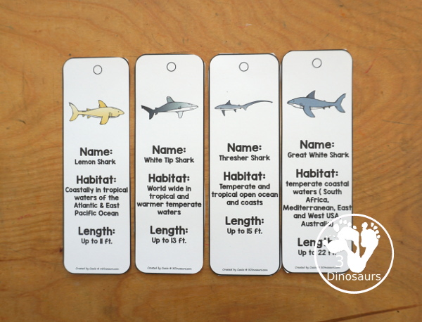 Free Shark Information Bookmark Printables - are fun shark bookmarks you can use with kids that have shark facts. You have 12 different sharks with fun shark themes. Great for any Shark theme or Shark Week - 3Dinosaurs.com