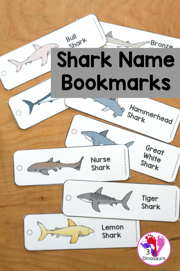 Free Shark Name Bookmark Printables - are fun shark bookmarks you can use with kids. You have 12 different sharks with fun shark themes. Great for any Shark theme or Shark Week - 3Dinosaurs.com