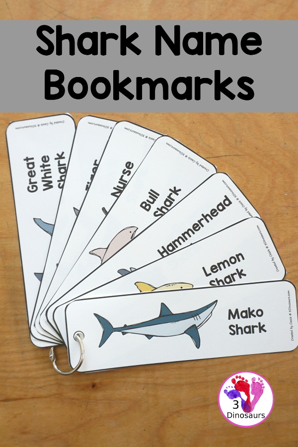 Free Shark Name Bookmark Printables - are fun shark bookmarks you can use with kids. You have 12 different sharks with fun shark themes. Great for any Shark theme or Shark Week - 3Dinosaurs.com