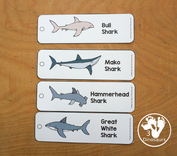 Free Shark Name Bookmark Printables - are fun shark bookmarks you can use with kids. You have 12 different sharks with fun shark themes. Great for any Shark theme or Shark Week - 3Dinosaurs.com