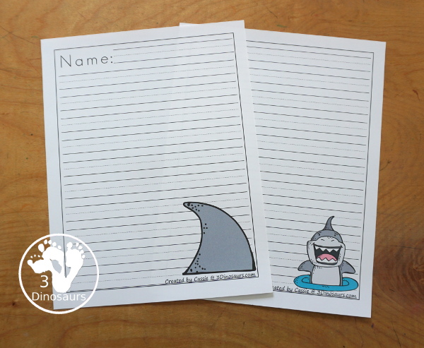 Free Shark Writing Paper Printables - has two different line styles with guidelines and single line paper. You have two different shark pictures for each line type - 3Dinosaurs.com