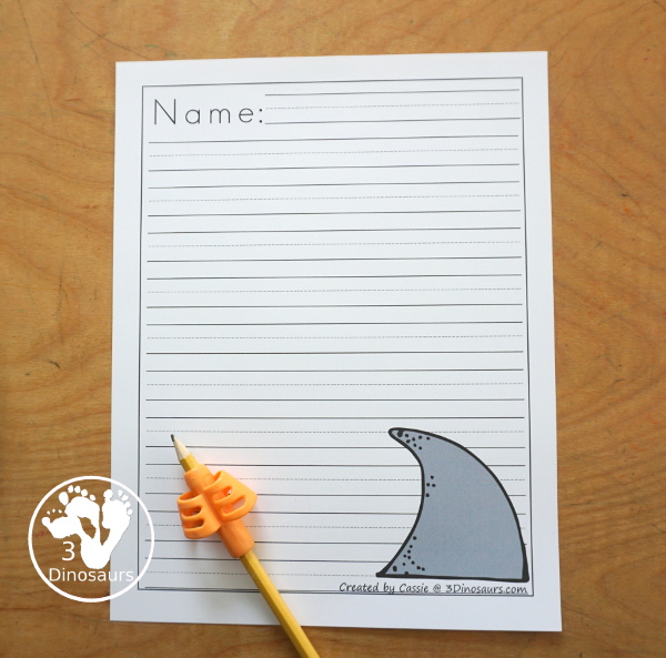 Free Shark Writing Paper Printables - has two different line styles with guidelines and single line paper. You have two different shark pictures for each line type - 3Dinosaurs.com