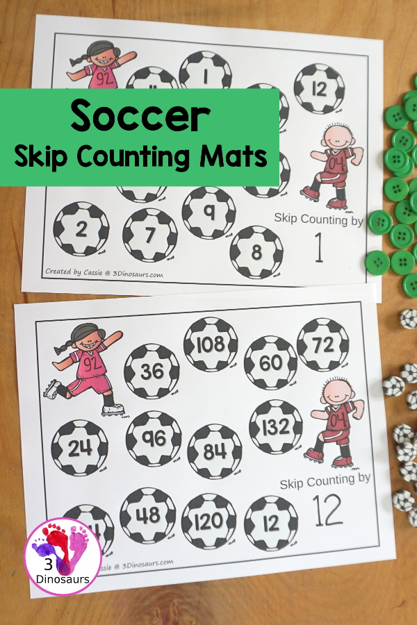 Free Soccer Skip Counting Mats 2 to 12 - you have 12 skip counting mats. With a skip counting mat for each number, 1 to 12, that skip counts 12 times on each mat. A great summer sports theme for math - 3Dinosaurs.com