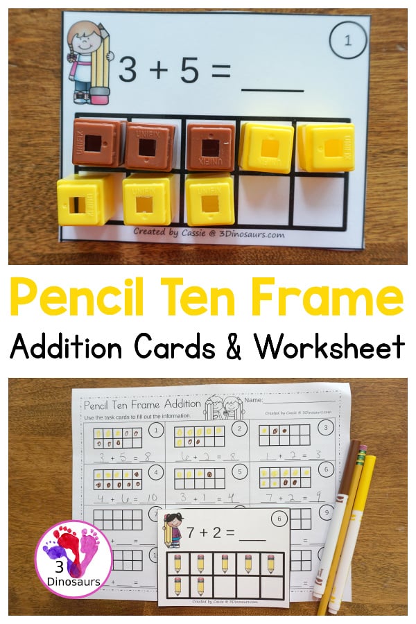 Free Pencil Ten Frame Addition Cards - 12 cards with recording sheet with two styles of ten frame cards - 3Dinosaurs.com