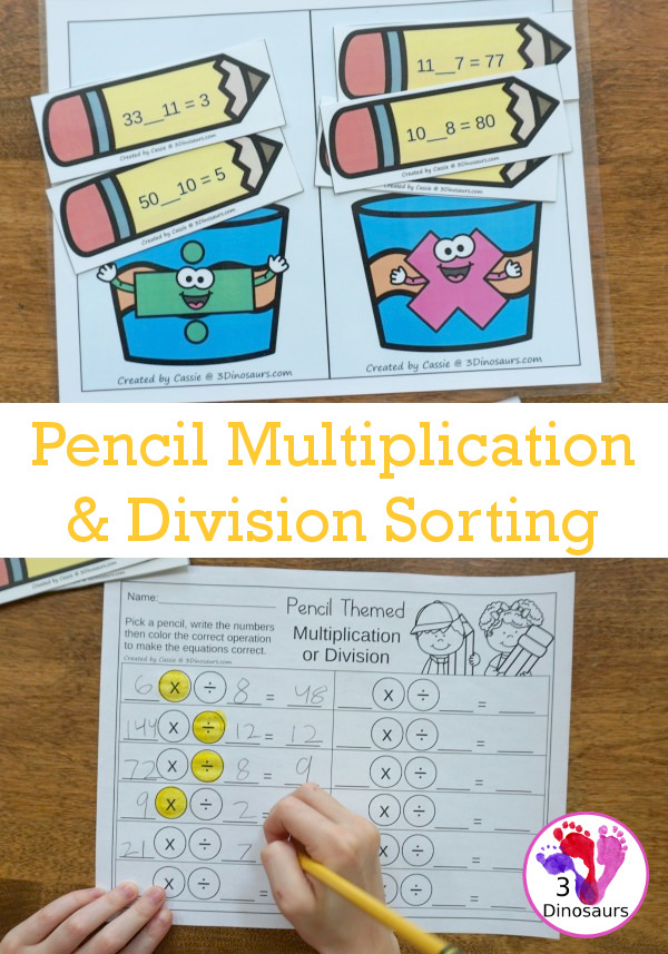 Free Pencil Themed Multiplication & Division Sorting - work on multiplication 1 to 12 with one multiplication and one division for each number with sorting mat and recording sheets for the 2 sets of pencils - 3Dinosaurs.com