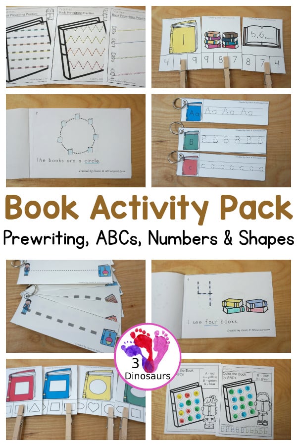 Book Activity Pack: Prewriting, Shapes, ABCs & Numbers - a fun activity pack with 189 pages of printables with a mix of no-prep, easy reader books and clip cards for learning with a book theme for kids to try out and learn with printables that all work together. - 3Dinosaurs.com