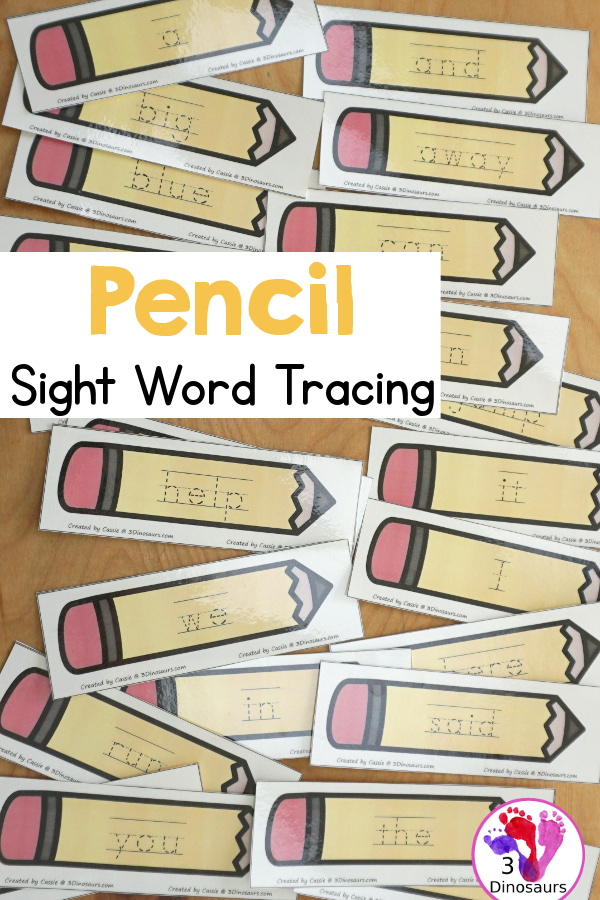 Sight Word Pencil Tracing Cards - with all 220 Dolch Sight Words with cards sorting by sight word list - With tracing on colored pencil or a black and white pencil option - 3Dinosaurs.com