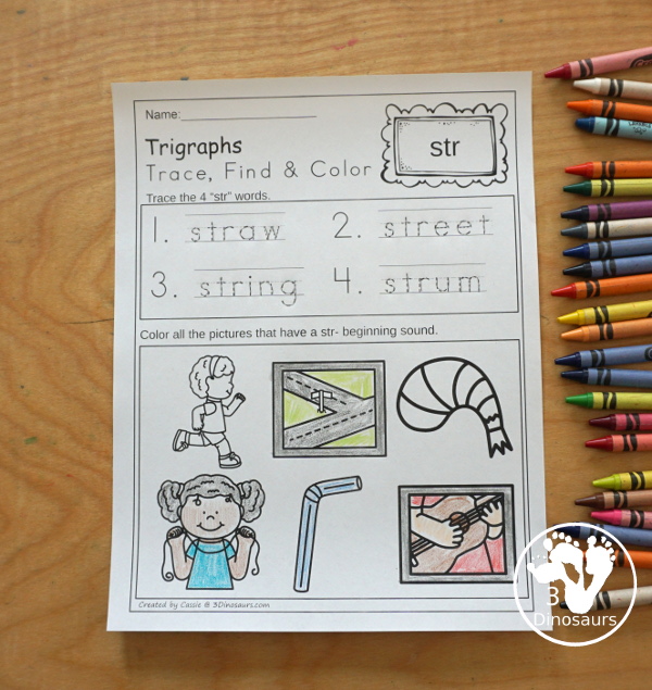 Trigraph Trace Color Find Printable - easy no-prep printable to work trigraph words with tracing words and finding the matching picture - 3Dinosaurs.com