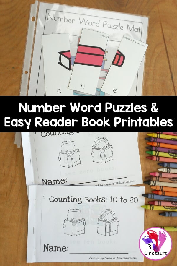 Number Word Puzzle & Easy Reader Book Printables - with Numbers 0 to 20. You have number word puzzles and two easy reader books 0 to 10 and 10 to 20 to use with kids - 3Dinosaurs.com