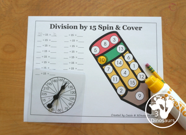 Pencil Division Spin & Cover has Division 1 to 12 and 1 to 15 with solve and cover and spinning and cover of equations for each set. You have color and black and white options- 3Dinosaurs.com