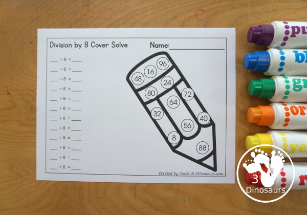 Pencil Division Spin & Cover has Division 1 to 12 and 1 to 15 with solve and cover and spinning and cover of equations for each set. You have color and black and white options- 3Dinosaurs.com
