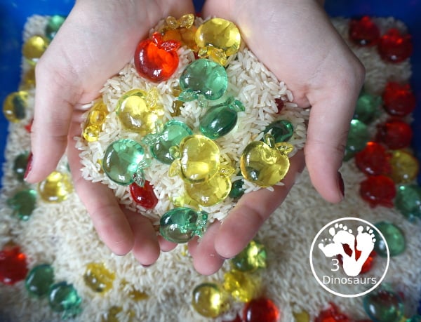 Simple Apple Sensory Bin - with acrylic apples and rice sensory bin. You have red apples, yellow apples, and green apples. This is a great sensory bin for the fall, and back to school. You can use it for any apple theme.  3Dinosaurs.com