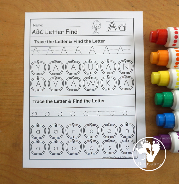 Apple ABC Letter Find for Uppercase & Lowercases Letters Printable - a fun letter find that has uppercase and lowercase letter finds on the same page but an uppercase only and lowercase only for the finds. - 3Dinosaurs.com
