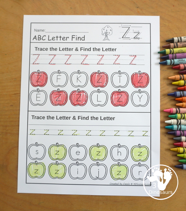 Apple ABC Letter Find for Uppercase & Lowercases Letters Printable - a fun letter find that has uppercase and lowercase letter finds on the same page but an uppercase only and lowercase only for the finds. - 3Dinosaurs.com