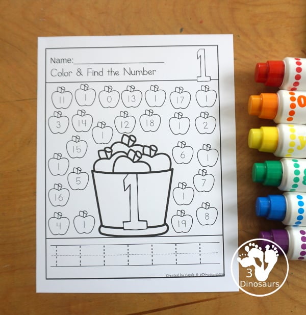 Apple Number Find & Color Printable with numbers 0 to 20. With coloring and finding the numbers on the apples. Easy no-prep apple worksheet for prek and kindergarten. - 3Dinosaurs.com